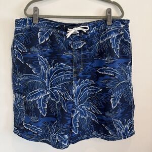 Polo Ralph Lauren Mens 2XLT Swim Trunks Blue Tropical Palm Print Swim Shorts EUC